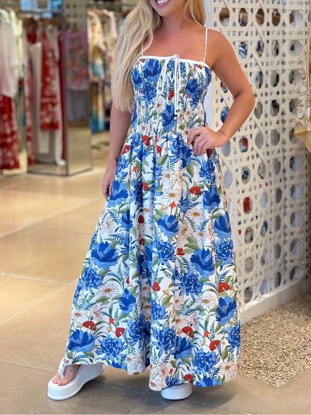FARM Rio White Long Dress with Blue Floral Print Size S